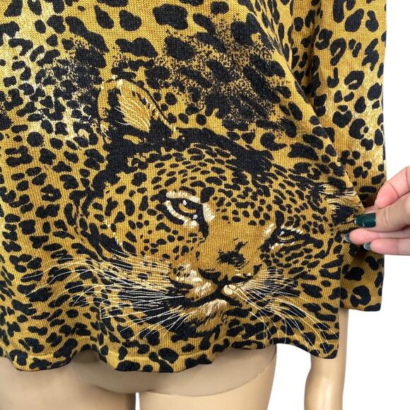 Vtg 80s Anna Gray Leopard Print Big Cat V-neck Lightweight Sweater Women’s XL - Picture 2 of 7